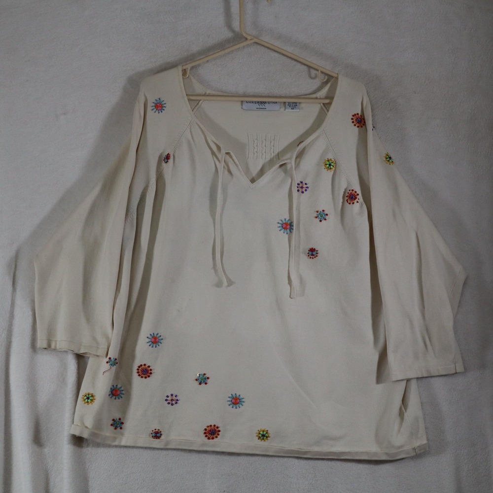 Marisa Christina Woman 3X Cream Silk Blend Sweater Beaded Embroidered Tie Neck